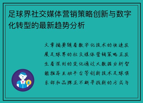 足球界社交媒体营销策略创新与数字化转型的最新趋势分析 足球界社交媒体营销策略创新与数字化转型的最新趋势分析