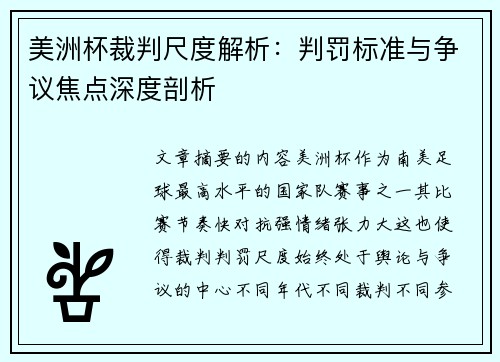 美洲杯裁判尺度解析:判罚标准与争议焦点深度剖析 美洲杯裁判尺度解析:判罚标准与争议焦点深度剖析